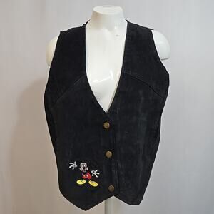 Mickey Mouse Suede Vest Genuine Leather Black Size M/L Waistcoat Embroidered